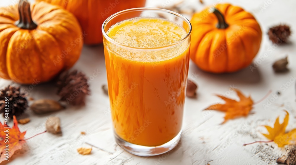Fresh pumpkin juice in a transparent juice glass Fresh pumpkin juice in a transparent juice glass