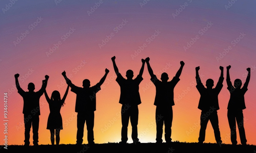 Fototapeta premium a lineup of silhouetted figures celebrating, with arms raised triumphantly, set against a gradient sunset sky
