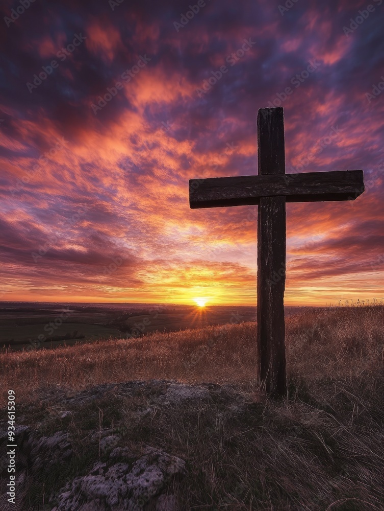 Wooden Cross at sunrise with generative ai Wooden Cross at sunrise with generative ai