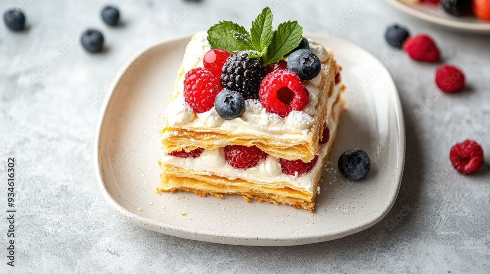 A top view of a classic French millefeuille dessert with layers of flaky pastry, vanilla cream, and fresh berries, placed on a white plate on a gray concrete table. A top view of a classic French millefeuille dessert with layers of flaky pastry, vanilla cream, and fresh berries, placed on a white plate on a gray concrete table.