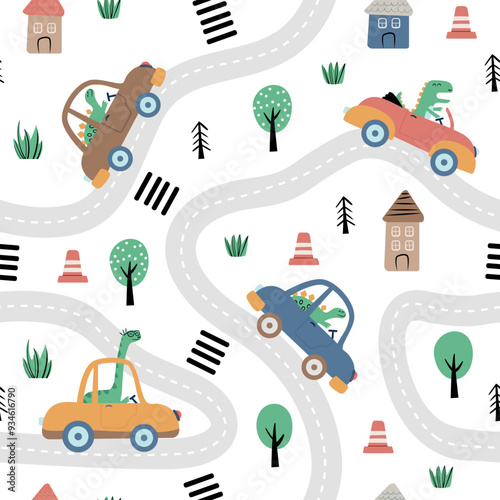 Wallpaper Mural Childish seamless pattern with dinosaur driver in the road. Colorful vector illustration.  Torontodigital.ca