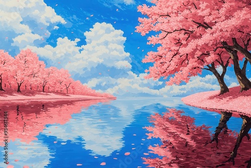 Cherry blossom trees in full bloom, with delicate pink petals drifting through the air. A tranquil river reflects the blossoms under a blue sky with fluffy white clouds, capturing the essence of sprin photo