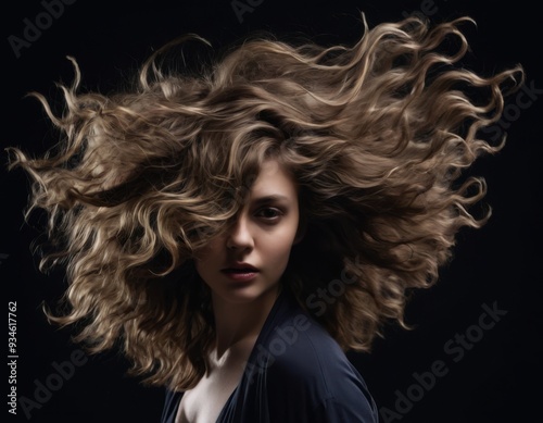 a person with voluminous, wavy hair in motion against a dark background, emphasizing the texture and flow of the hair