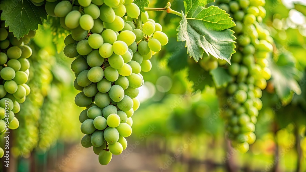 Close up macro photography of green grapes hanging on vine in a vineyard, showcasing the freshness and abundance of the fruit Close up macro photography of green grapes hanging on vine in a vineyard, showcasing the freshness and abundance of the fruit