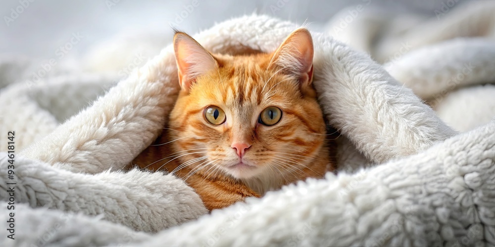 A cozy ginger cat snuggled in bed under a fluffy blanket, looking adorable and comfortable A cozy ginger cat snuggled in bed under a fluffy blanket, looking adorable and comfortable