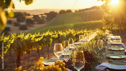 A long table is set for a dinner party, with grapes on the table and a vineyard in the background.