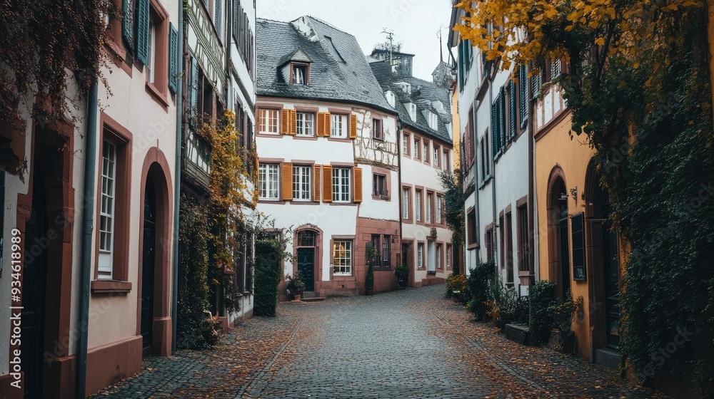 Fototapeta premium A tranquil scene in Mainz's old city, with historic buildings, quaint streets, and the peaceful ambiance of a town steeped in history.