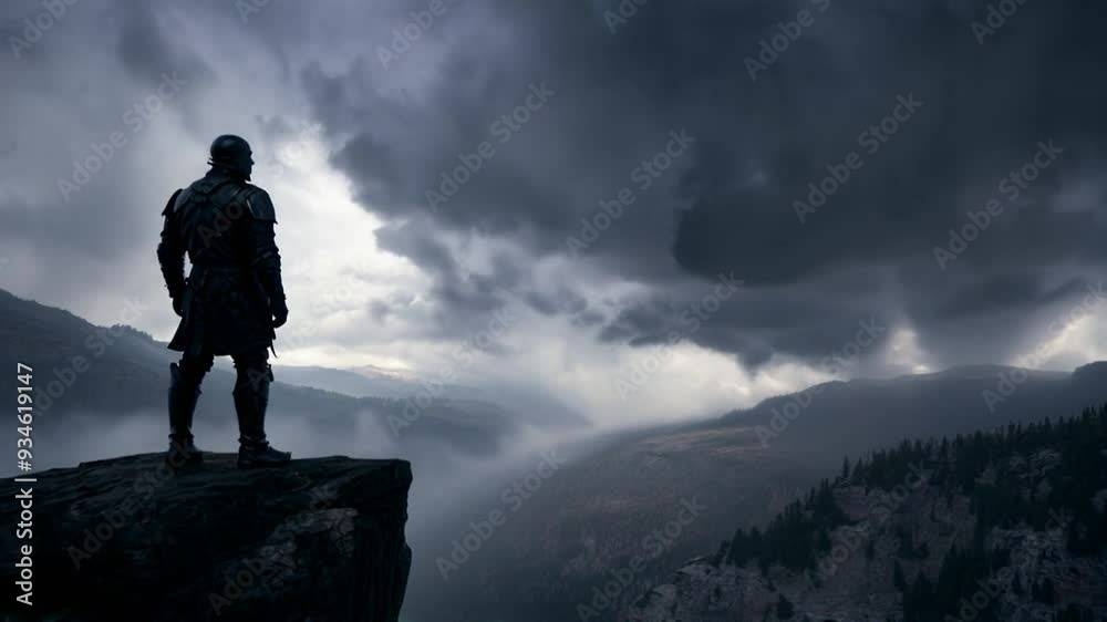 Solitary Knight on a Cliff’s Edge: Dark Valley View, Storm Clouds, and Ominous Raven Solitary Knight on a Cliff’s Edge: Dark Valley View, Storm Clouds, and Ominous Raven