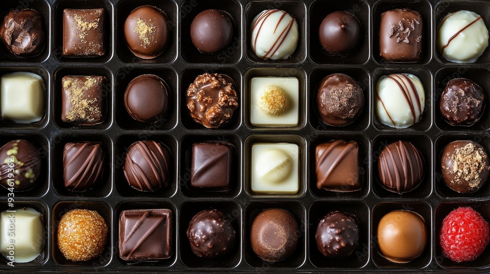 A tray of assorted chocolate bonbons with different fillings, arranged in an elegant pattern.
