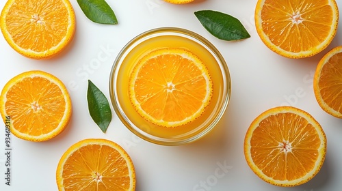 Orange juice in a glass bowl with orange slices on a white background 