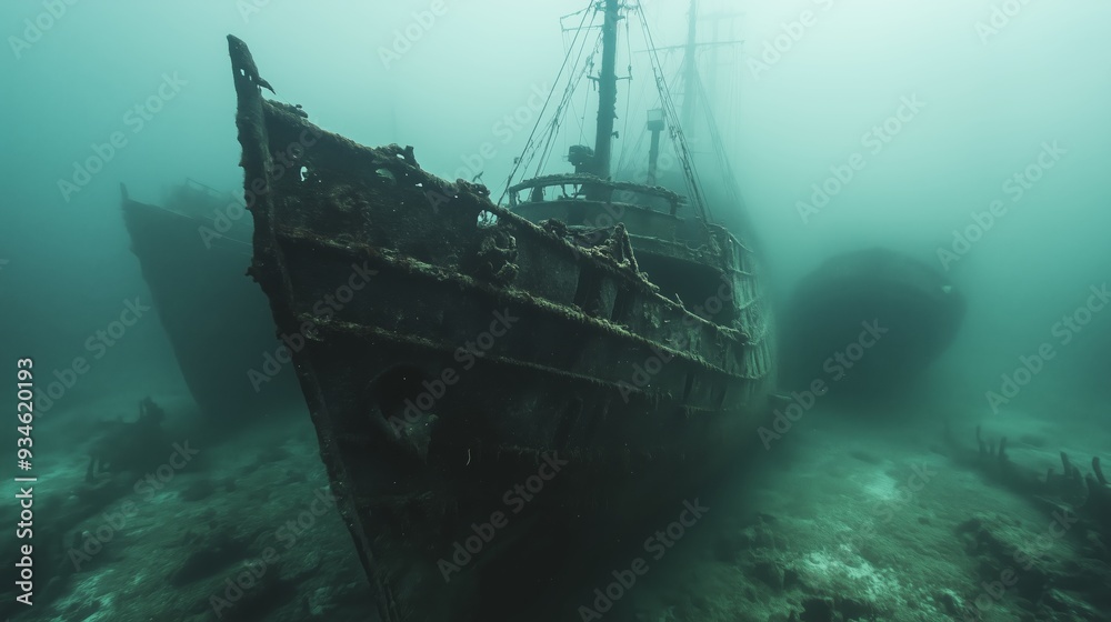 Sunken ships lie beneath the water’s surface, partially obscured by shifting sands and marine life. The eerie, submerged vessels evoke a sense of mystery and lost history. Sunken ships lie beneath the water’s surface, partially obscured by shifting sands and marine life. The eerie, submerged vessels evoke a sense of mystery and lost history.