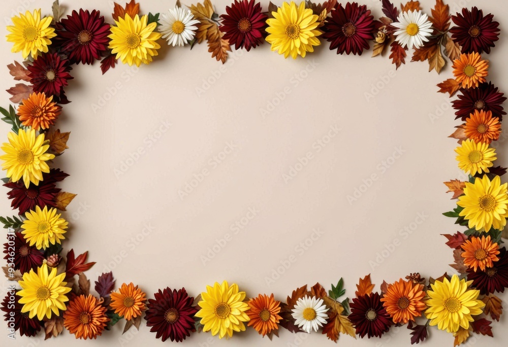 a rectangular space for text in the center with autumnal flowers like chrysanthemums and asters along with some fallen leaves arranged around it on a neutral-toned surface a rectangular space for text in the center with autumnal flowers like chrysanthemums and asters along with some fallen leaves arranged around it on a neutral-toned surface