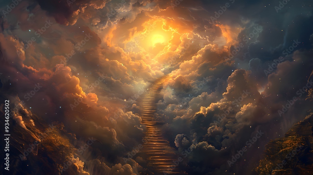 Fototapeta premium Stairway Through Clouds Leading To Heavenly Light.