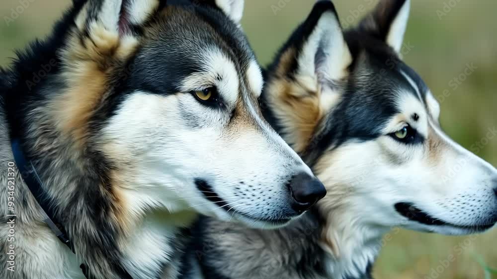 Close up view of two husky dogs with striking blue eyes in natural light Close up view of two husky dogs with striking blue eyes in natural light