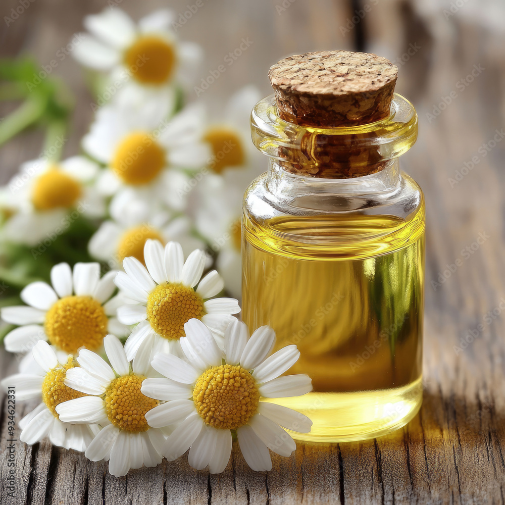 Chamomile Essential Oil with Daisy-Like Chamomile Flowers Chamomile Essential Oil with Daisy-Like Chamomile Flowers