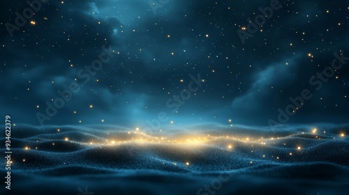 Abstract Blue Night Sky with Shining Stars and Fog