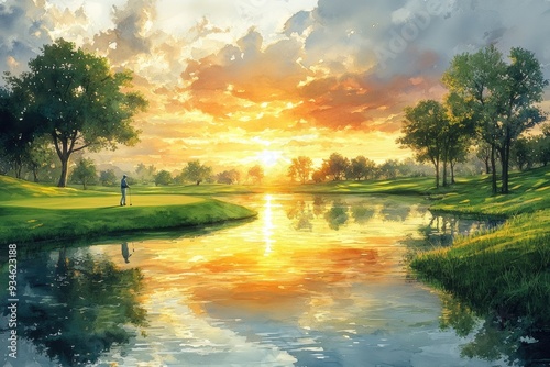 Watercolor Golfer Swinging on Lush Green Course at Sunset