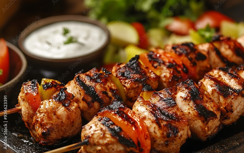 Close-up of Juicy Halal Grilled Chicken Skewers with Fresh Vegetables Close-up of Juicy Halal Grilled Chicken Skewers with Fresh Vegetables