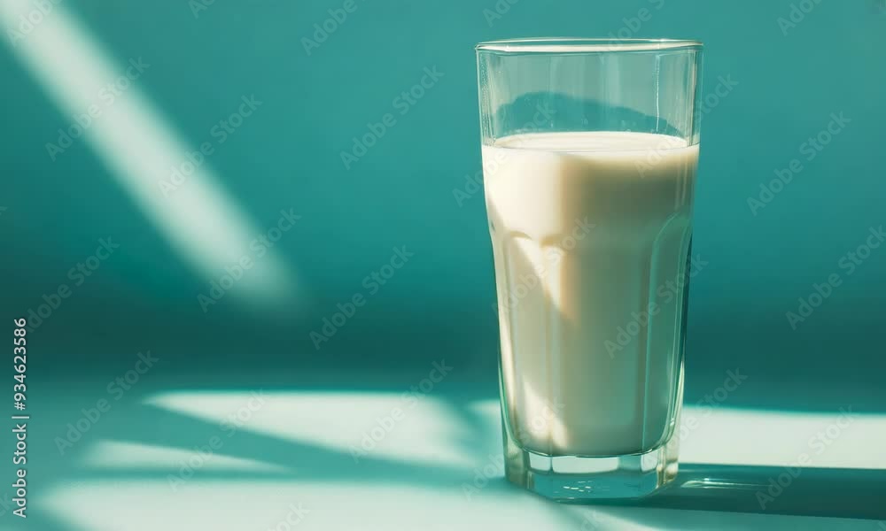 A glass of milk with a blue background and shadows