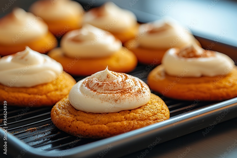 Freshly made pumpkin cookies, covered in a smooth cream cheese frosting and sprinkled with cinnamon, arranged on a baking sheet.






