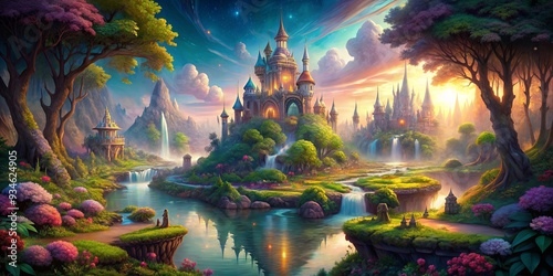 Enchanted realm with mystic landscapes and magical lighting, perfect for fantasy lovers and dreamy escapism photo