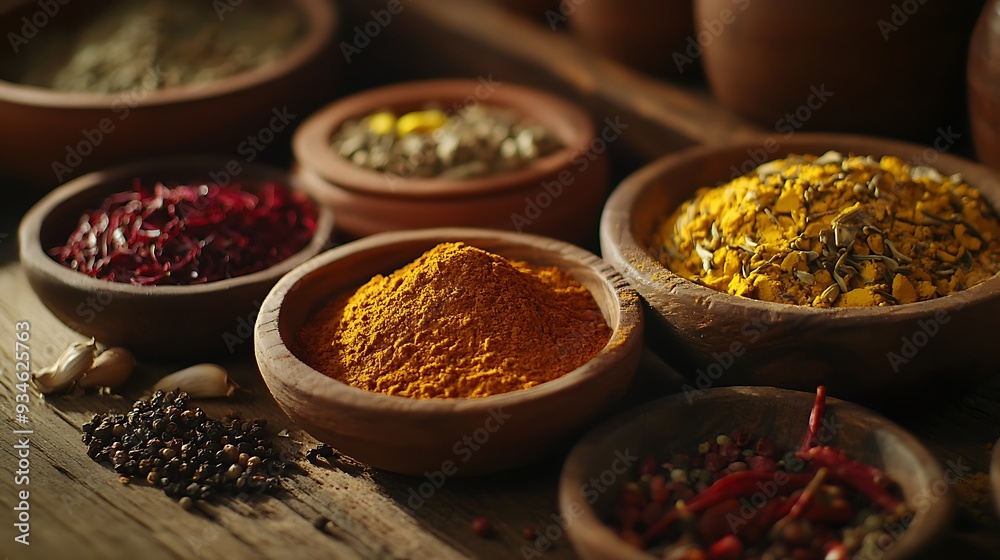 Close-up of Traditional Middle Eastern Spices on Rustic Wooden Table Close-up of Traditional Middle Eastern Spices on Rustic Wooden Table