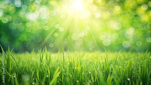 Lush green grass field on a sunny day with a bokeh background