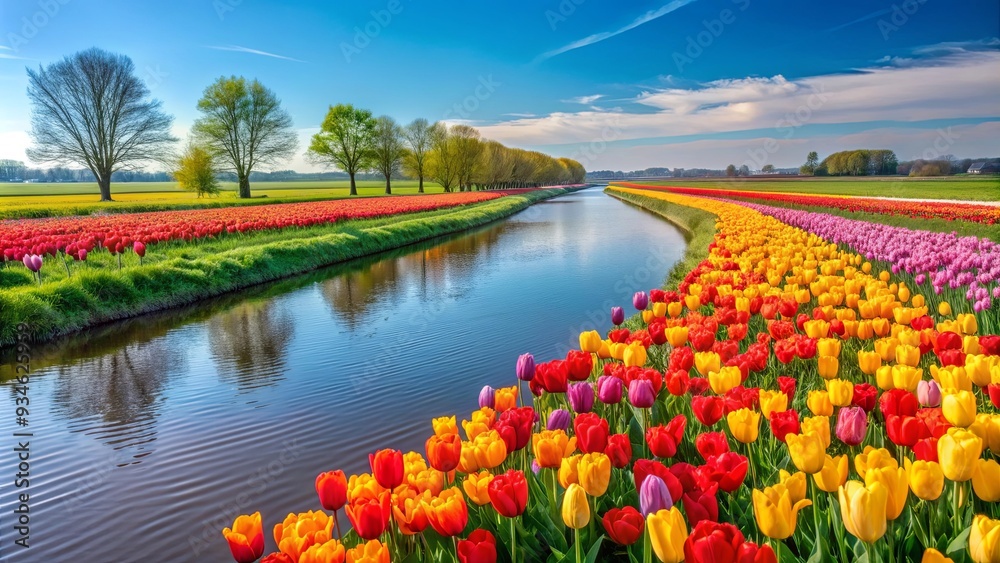 Obraz premium Beautiful springtime scenery of a river lined with brightly colored tulips in the Netherlands