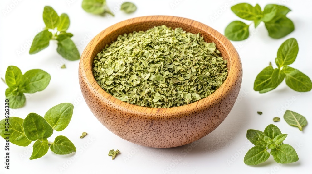 A wooden bowl of dried oregano flakes with fresh oregano leaves elegantly placed around, all isolated on a clean white background. A wooden bowl of dried oregano flakes with fresh oregano leaves elegantly placed around, all isolated on a clean white background.