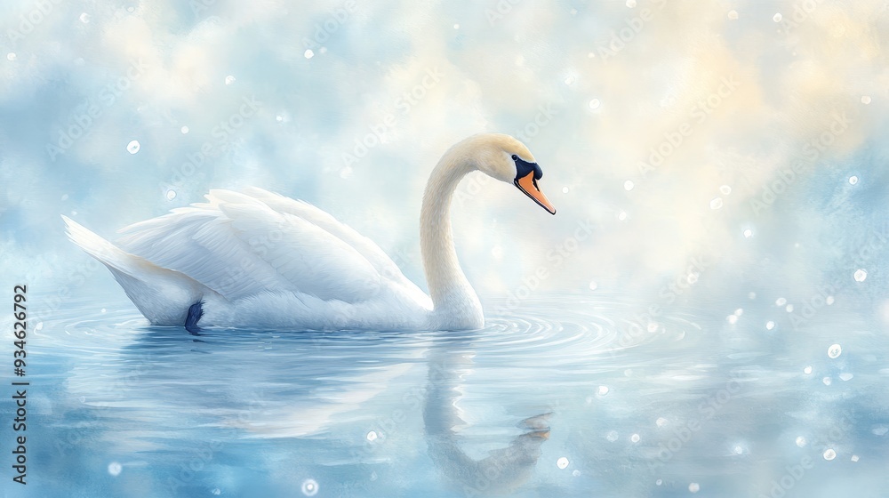 Graceful White Swan Swimming in Blue Water with Soft Light Graceful White Swan Swimming in Blue Water with Soft Light