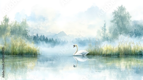 Fototapeta Naklejka Na Ścianę i Meble -  Watercolor Painting of a Swan on a Misty Lake with Trees and Mountains