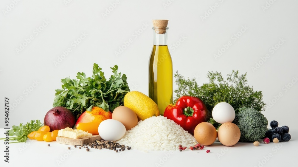 An array of fresh vegetables, eggs, fruit, rice, and a bottle of oil, set against a white background. A balanced and visually appealing showcase of essential foods. An array of fresh vegetables, eggs, fruit, rice, and a bottle of oil, set against a white background. A balanced and visually appealing showcase of essential foods.