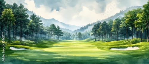 Watercolor Golf Course with Hand-Painted Trees and Winding Fairway