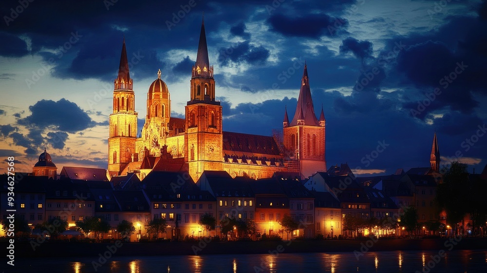 Fototapeta premium An enchanting evening scene of the Mainz Cathedral, its illuminated faASade and towering spires contrasting with the darkening sky, capturing the essence of history and architecture.