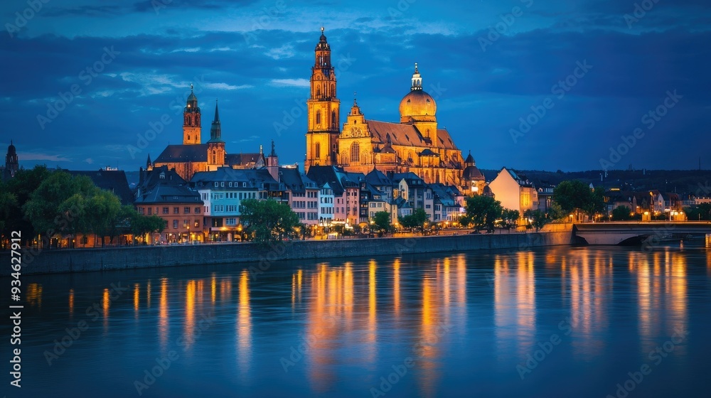 Naklejka premium An evening view of the Mainz Cathedral in Germany, with the historic structure illuminated against a deep blue sky, casting a majestic presence over the city.