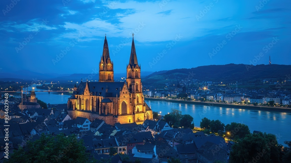 Obraz premium An evening view of the Mainz Cathedral, where the historic structure is illuminated against a deepening blue sky, and the city begins to light up for the night.