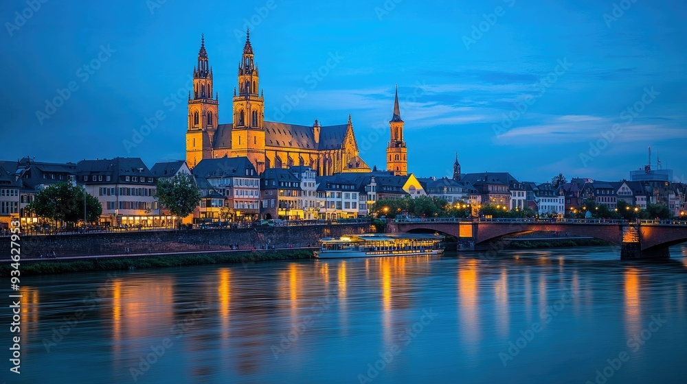 An evening view of the Mainz Cathedral, where the historic structure is illuminated against a deepening blue sky, and the city begins to light up for the night. An evening view of the Mainz Cathedral, where the historic structure is illuminated against a deepening blue sky, and the city begins to light up for the night.