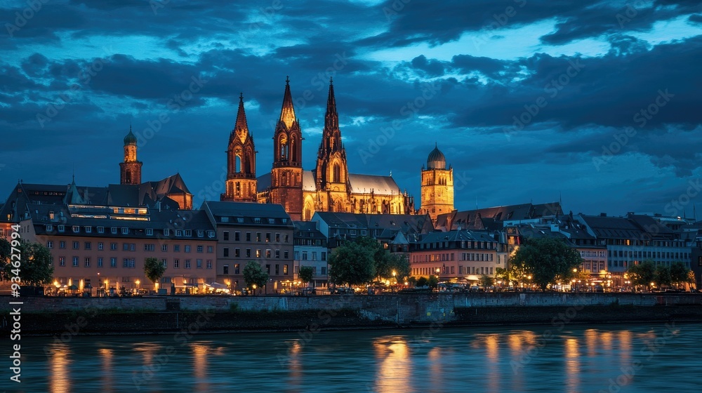 An evening view of the Mainz Cathedral, where the historic structure is illuminated against a deepening blue sky, and the city begins to light up for the night. An evening view of the Mainz Cathedral, where the historic structure is illuminated against a deepening blue sky, and the city begins to light up for the night.