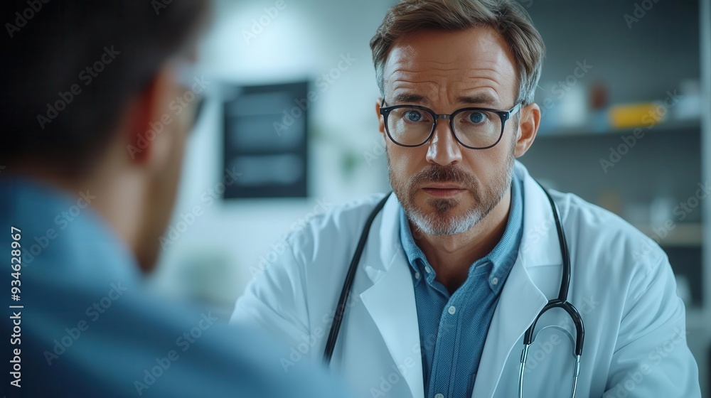 Doctorpatient consultation in a modern clinic, with the doctor explaining a diagnosis and the patient listening intently, Professional, Bright, Detailed Doctorpatient consultation in a modern clinic, with the doctor explaining a diagnosis and the patient listening intently, Professional, Bright, Detailed