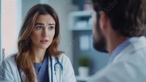 Doctorpatient consultation in a modern clinic, with the doctor explaining a diagnosis and the patient listening intently, Professional, Bright, Detailed