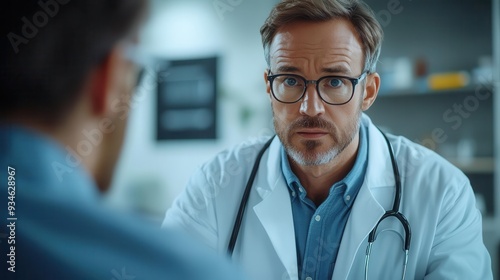 Doctorpatient consultation in a modern clinic, with the doctor explaining a diagnosis and the patient listening intently, Professional, Bright, Detailed photo