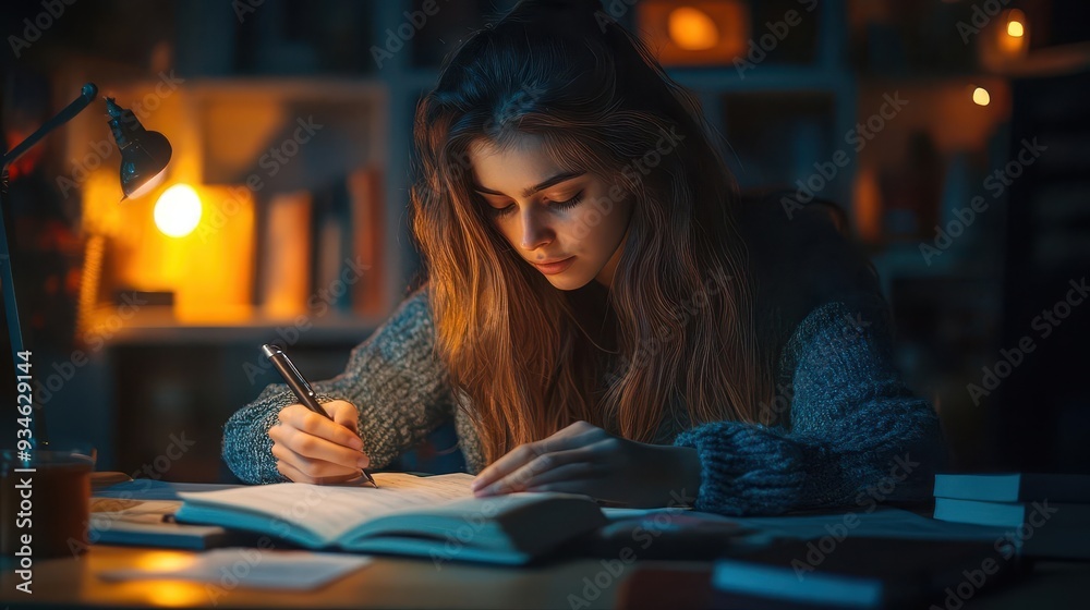 Fototapeta premium Education success with a student studying late at night, surrounded by books, notes, and determination, Academic, Warm Lighting, Detailed