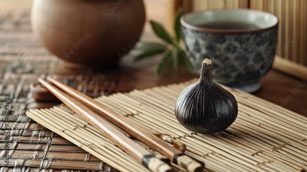 Black garlic in a traditional Japanese setting, with chopsticks, bamboo mat, and a tea cup in the background, showcasing its cultural significance. Black garlic in a traditional Japanese setting, with chopsticks, bamboo mat, and a tea cup in the background, showcasing its cultural significance.