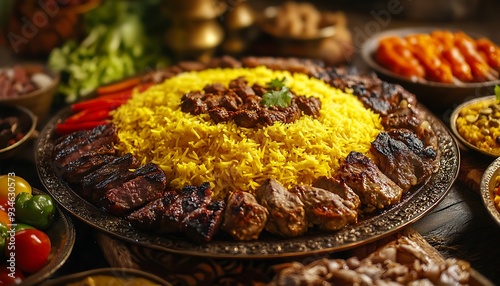 Traditional Halal Feast with Saffron Rice and Grilled Meats