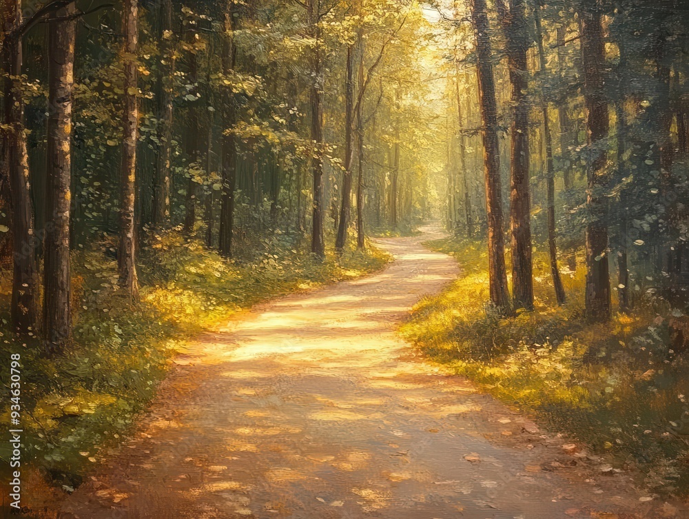 Obraz premium Forest path winding through tall trees, with sunlight filtering through the leaves, Serene, Warm Tones, Atmospheric
