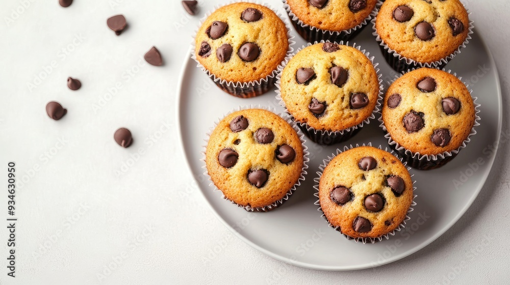 Chocolate chip muffins on a plate with a light gray background, top view with muffins slightly overlapping. Clean and simple. Chocolate chip muffins on a plate with a light gray background, top view with muffins slightly overlapping. Clean and simple.