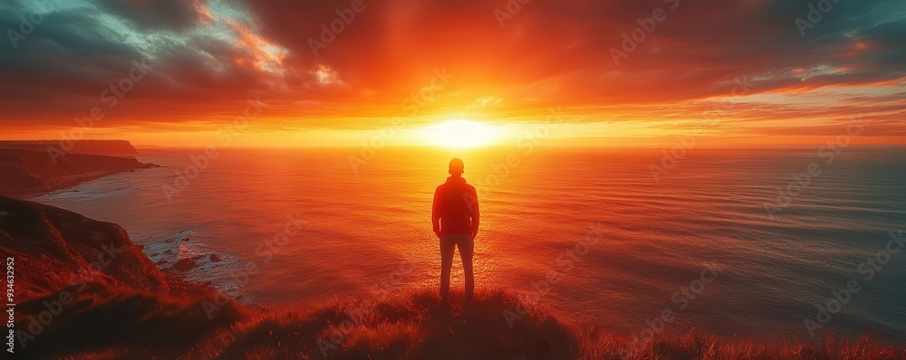 Scenic sunset with a person watching the sun dip below the horizon, capturing a moment of reflection and peace, Serene, Warm Tones, Wide Shot Scenic sunset with a person watching the sun dip below the horizon, capturing a moment of reflection and peace, Serene, Warm Tones, Wide Shot