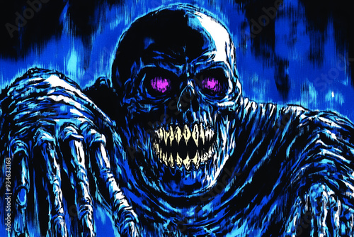 Terrifying Skeletal Monster with Glowing Eyes in the Dark