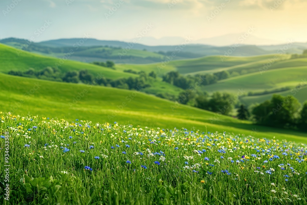 A vibrant green meadow scattered with bright wildflowers, with rolling hills in the distance. The scene is bathed in soft golden light, with a gentle breeze creating a tranquil and serene spring morni A vibrant green meadow scattered with bright wildflowers, with rolling hills in the distance. The scene is bathed in soft golden light, with a gentle breeze creating a tranquil and serene spring morni