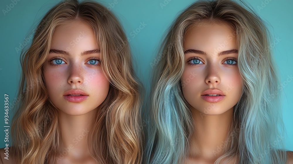 Two young women with blonde and blue hair looking directly at the camera. Two young women with blonde and blue hair looking directly at the camera.
